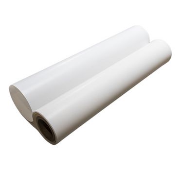 Das Bild zeigt eine breite, glänzende Rolle aus PTFE virginal weiß, die teilweise abgerollt ist und auf einem weißen Hintergrund liegt.