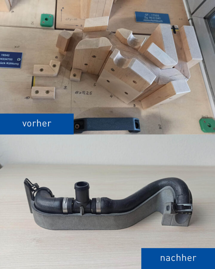 Vorher / Nachher Bild. Vorher: Aufwendige Holzkonstruktion für Lehren & Rohre. Nachher: Perfekt passender 3D Druck