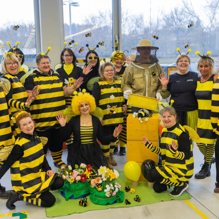 Eine Gruppe von SPÄH Mitarbeiter*innen verkleidet als Bienen, es findet sich ein Imker darunter
